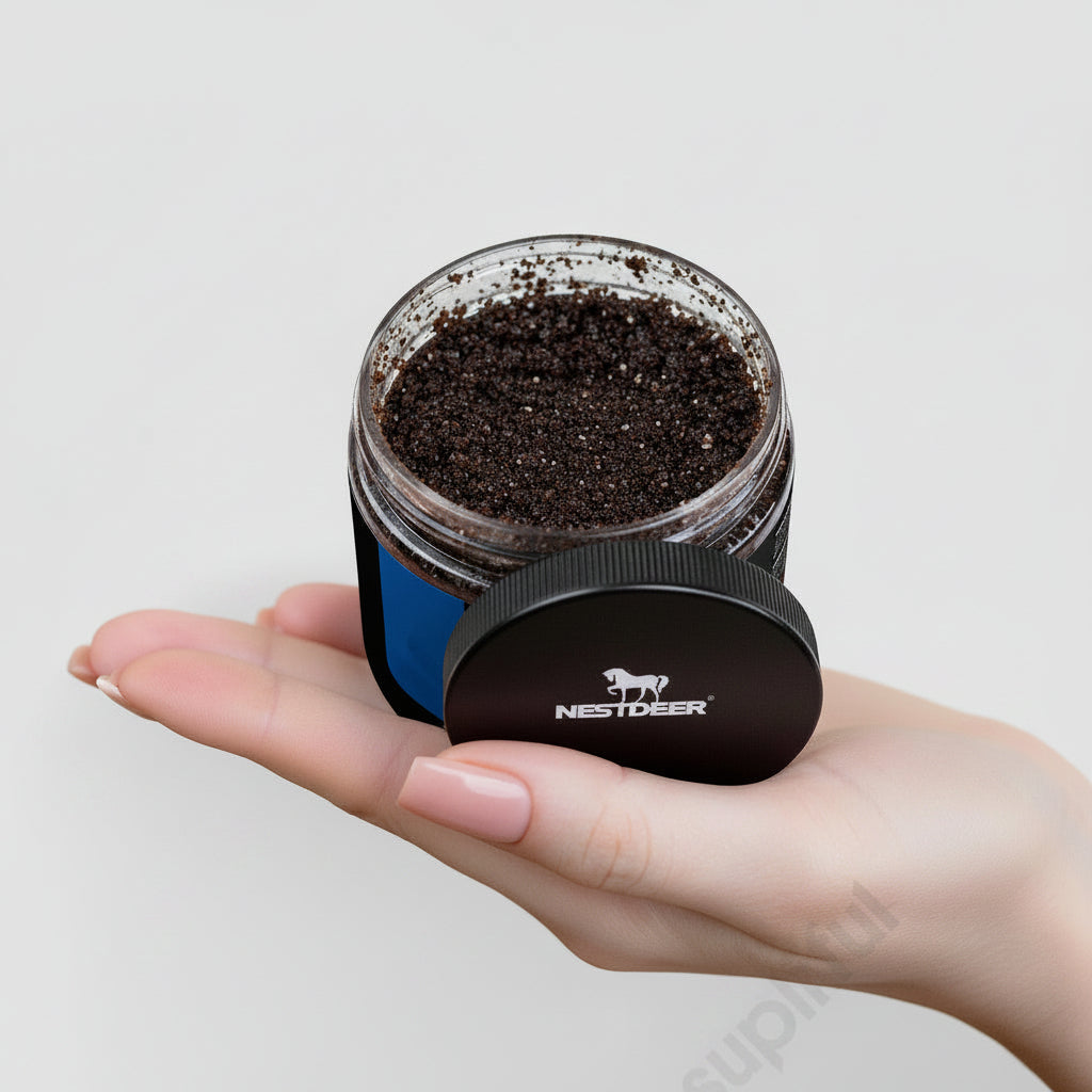Hand holding a small jar of coffee grounds with Nestdeer logo on a light gray background