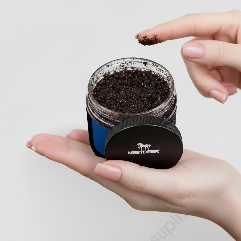 Person holding a jar of coffee grounds with Nestdeer branding on a light background