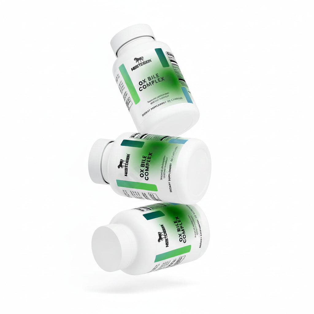 Three bottles of NutriSource Ox bile Complex on a white background