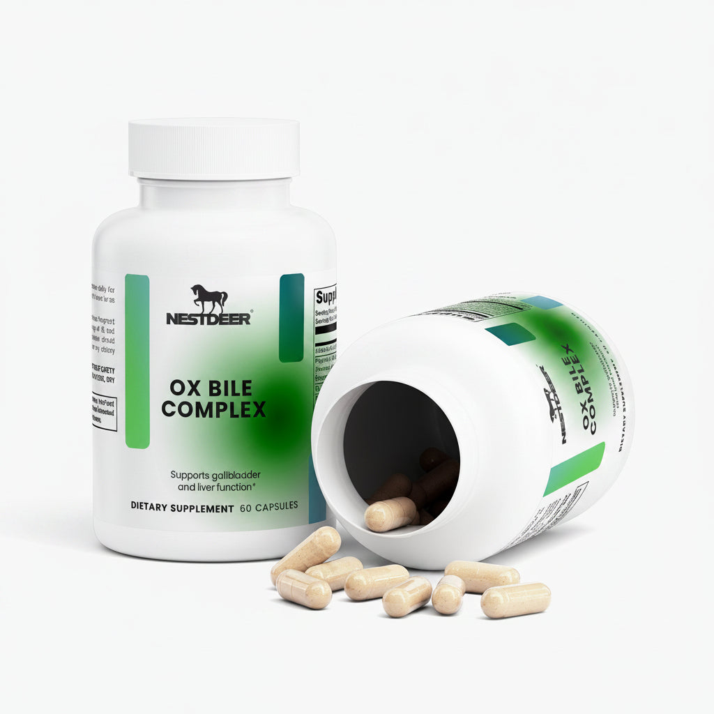 Nestdeer Ox Bile Complex dietary supplement bottle with open cap showing capsules on a white background.