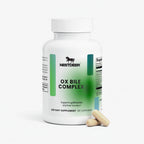 Supplement bottle labeled 'Ox Bile Complex' by Nestle on a white background