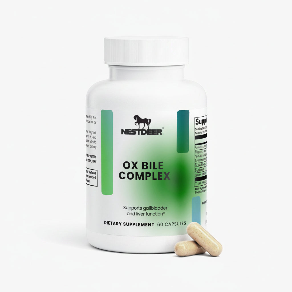 Supplement bottle labeled 'Ox Bile Complex' by Nestle on a white background