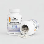 Nestdeer dental and oral health chewables bottle with open lid on a white background