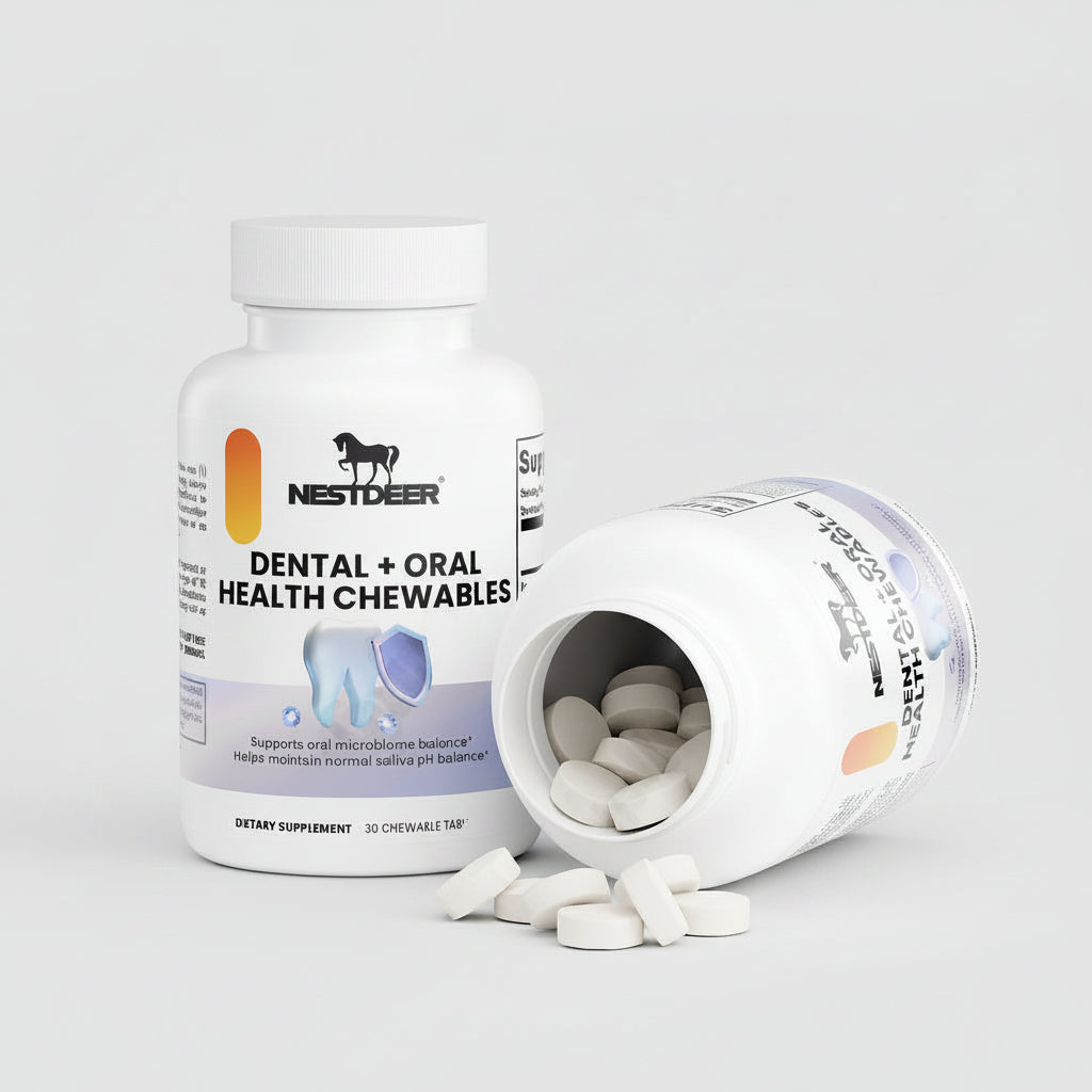 Nestdeer dental and oral health chewables bottle with open lid on a white background