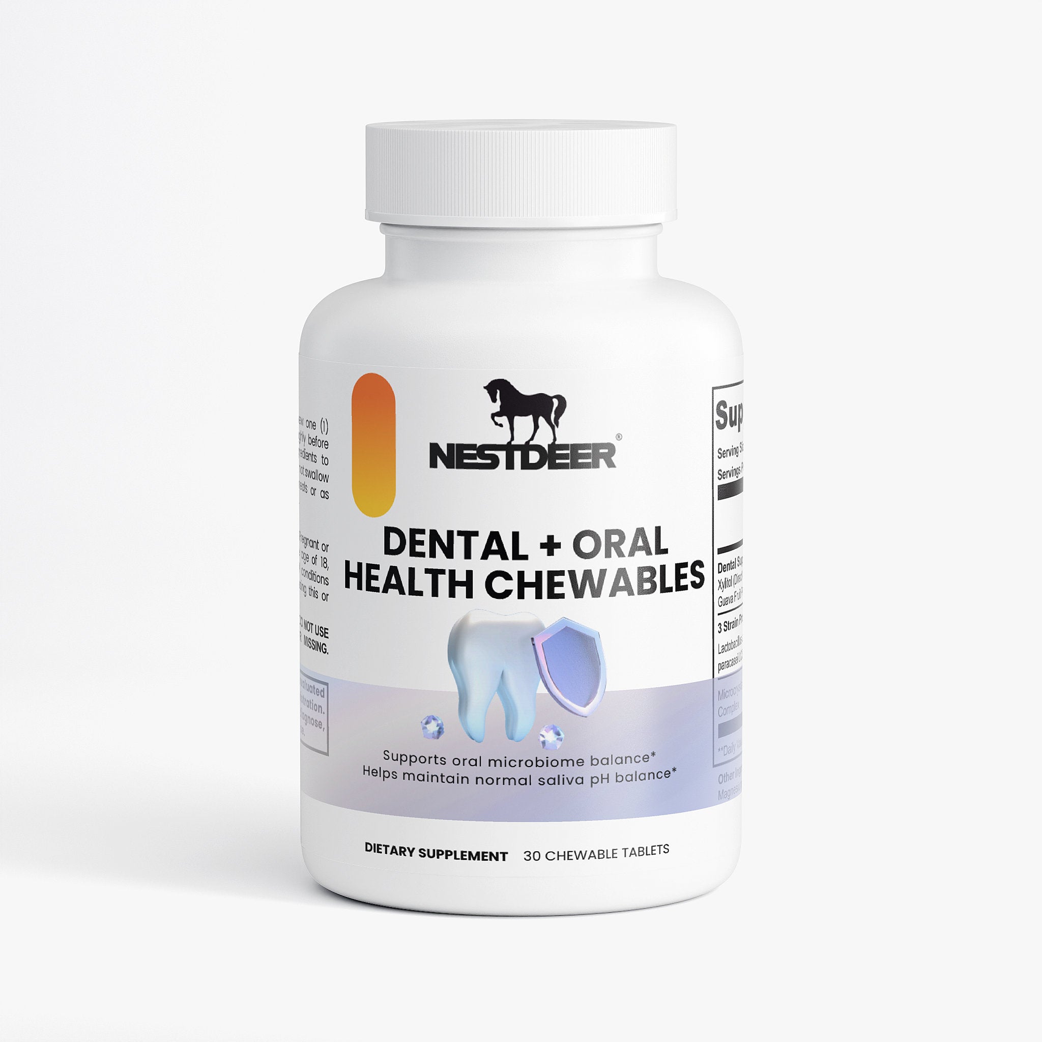Bottle of Nestdeer Dental + Oral Health Chewables on a white background