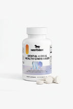 Bottle of Nestdeer Dental + Oral Health Chewables on a white background