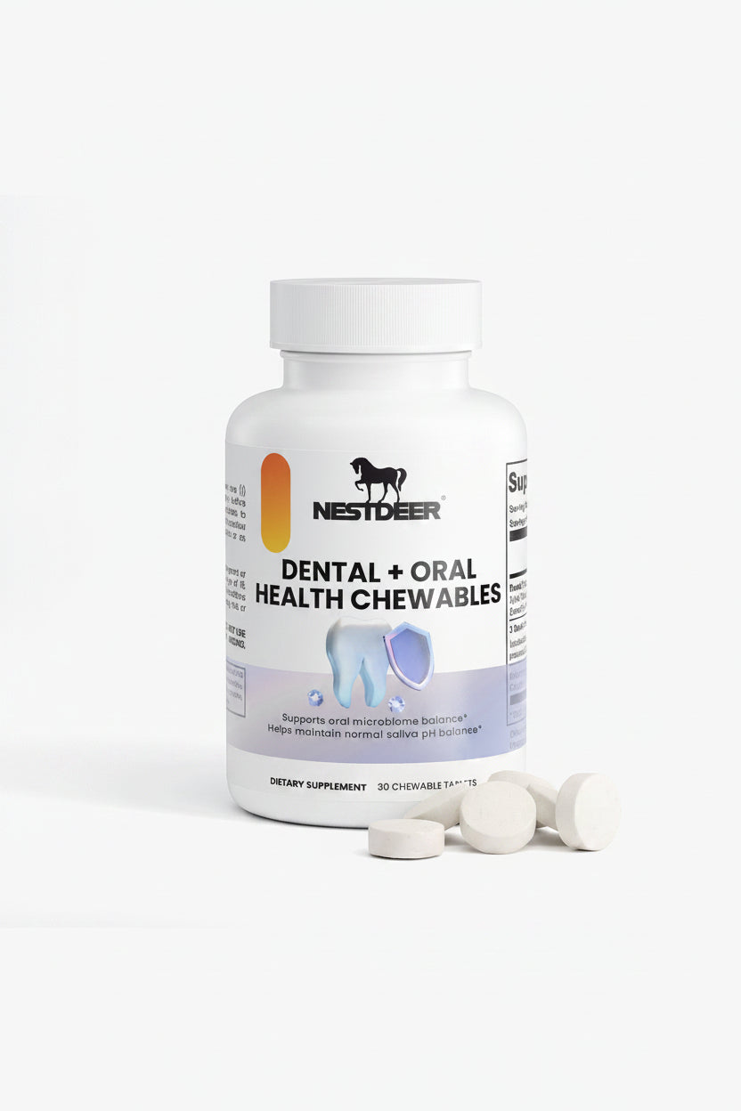 Bottle of Nestdeer Dental + Oral Health Chewables on a white background