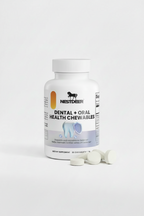 Bottle of Nestlèr Dental + Oral Health Chewables on a white background