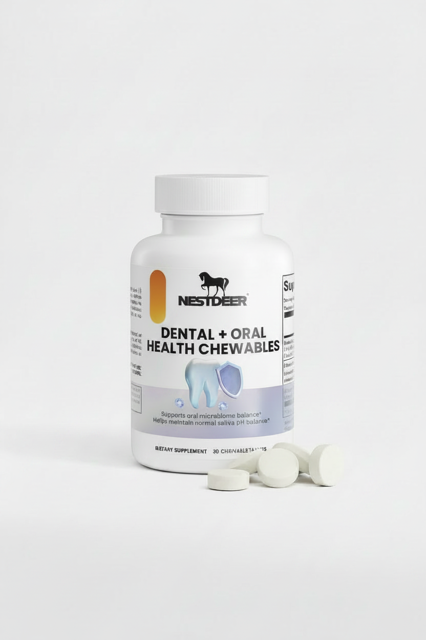 Bottle of Nestlèr Dental + Oral Health Chewables on a white background