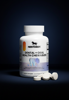 Bottle of Nestlé Premier Dental + Oral Health Chewables on a dark background