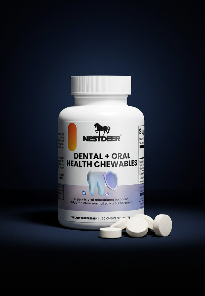 Bottle of Nestlé Premier Dental + Oral Health Chewables on a dark background