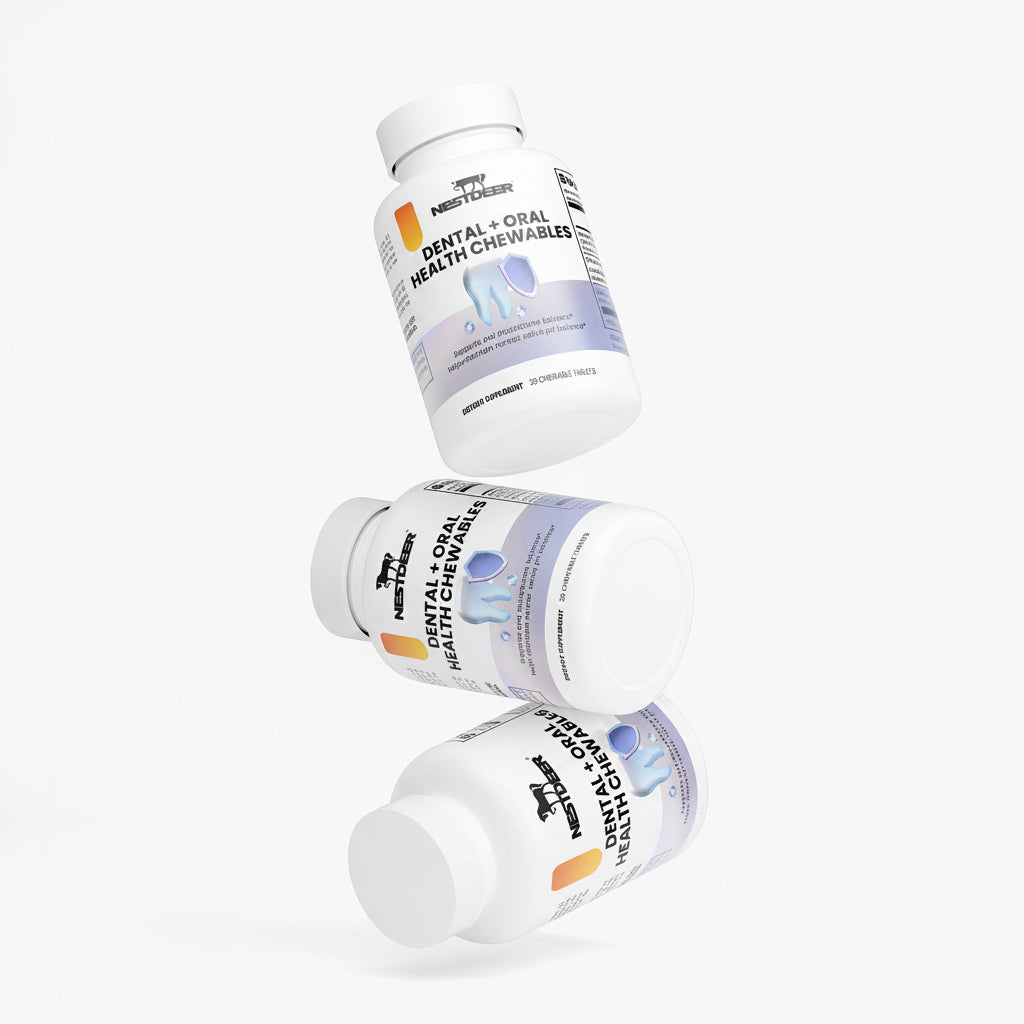 Three bottles of Nutrience Dental & Oral Health Chewables on a white background.