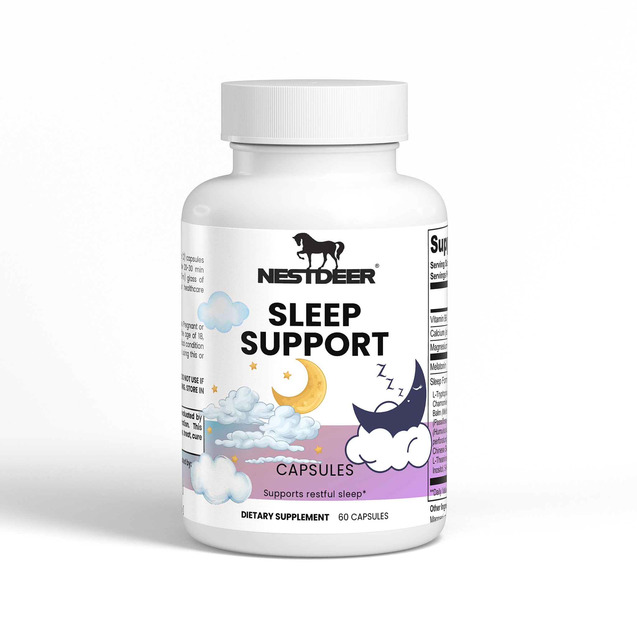 Bottle of Nestdeer Sleep Support capsules on a white background