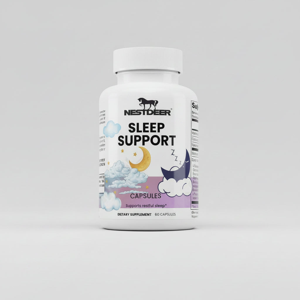 Bottle of Nestdeer Sleep Support capsules on a light gray background