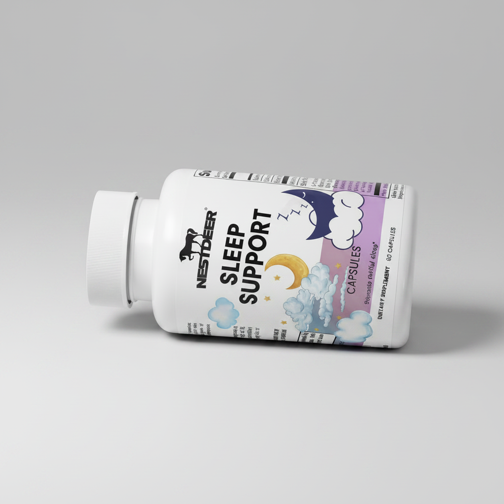 Bottle of Nestlé Deer Sleep Support capsules on a light gray background