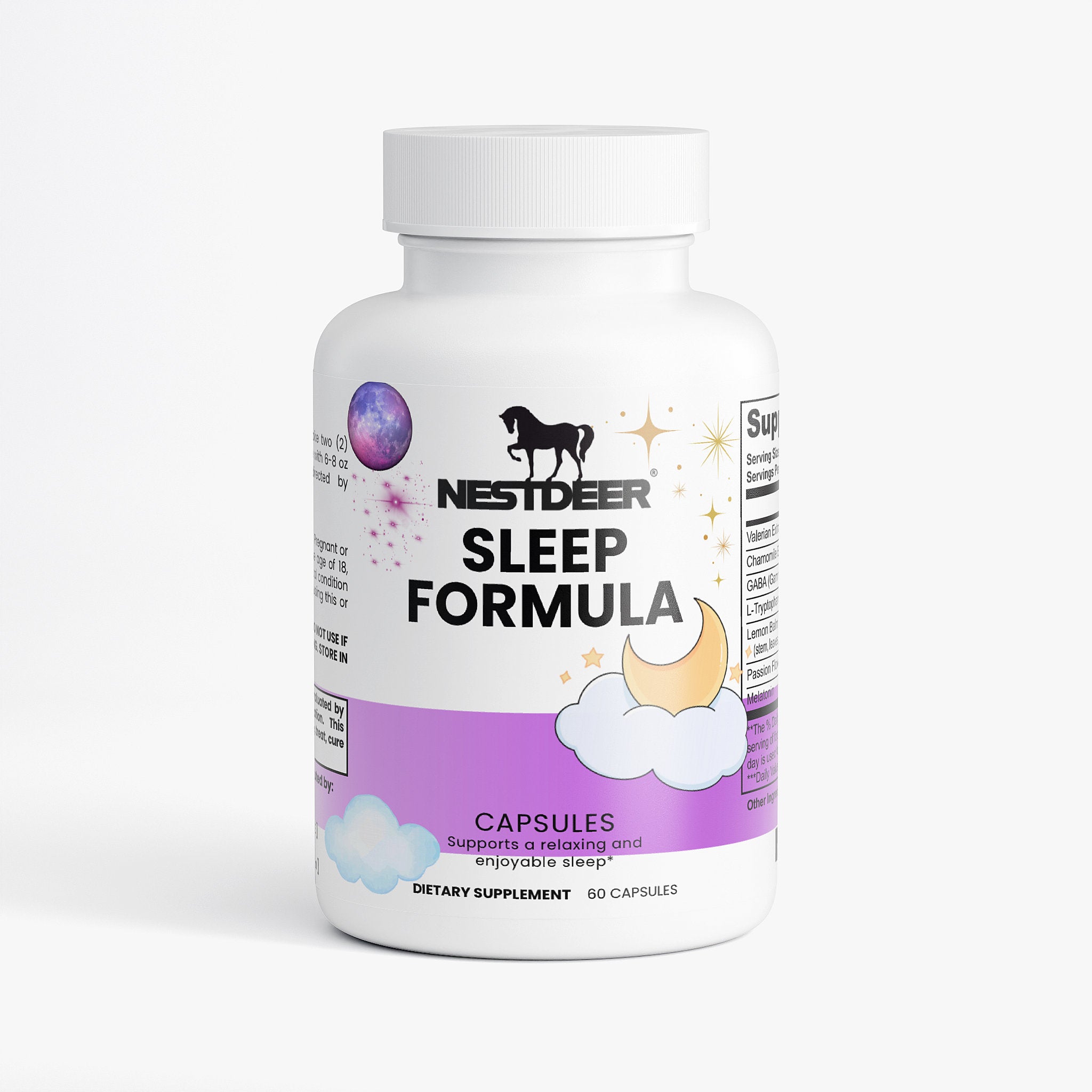 Bottle of Nestdeer Sleep Formula capsules on a white background