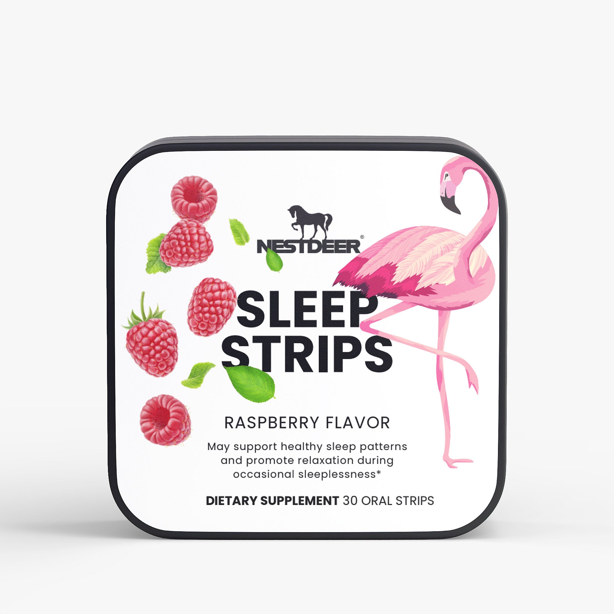 Packaging of Nestdeer Sleep Strips with a flamingo and raspberry illustration on a white background