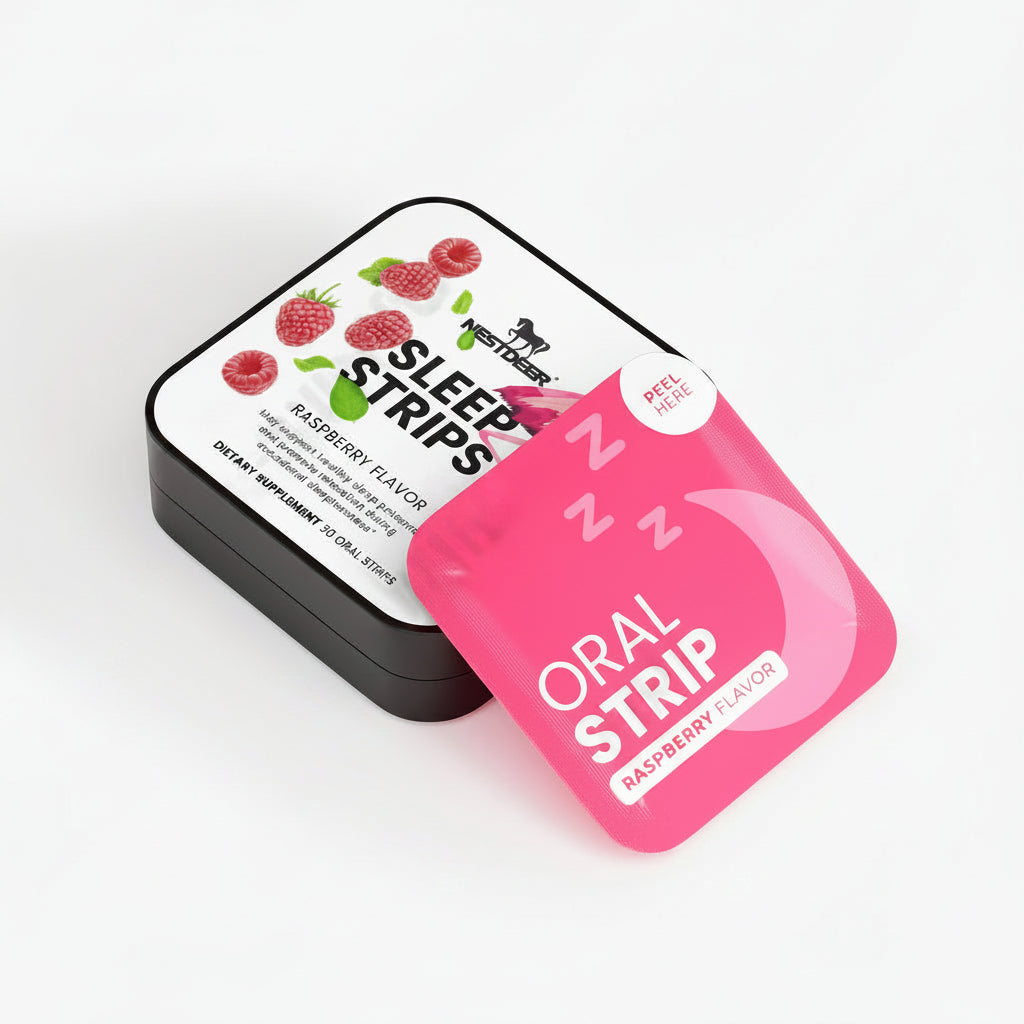 Pink oral strip packaging with 'Sleep Strips' text on a white background