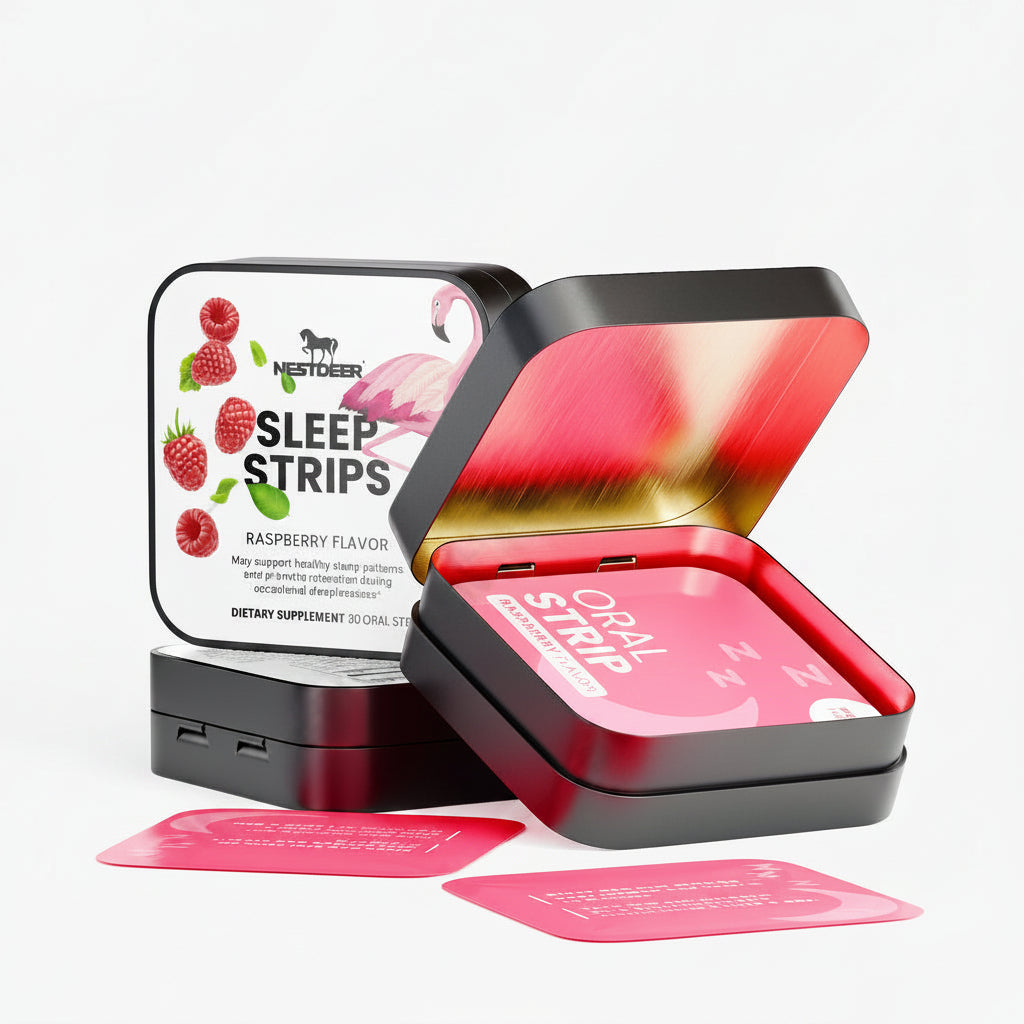 Sleep strips packaging with raspberry flavor label on a white background