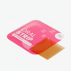 Pink packaging of an oral strip with a red strip inside on a white background.