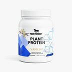 Container of Nestdeer plant protein powder with vanilla flavor on a white background
