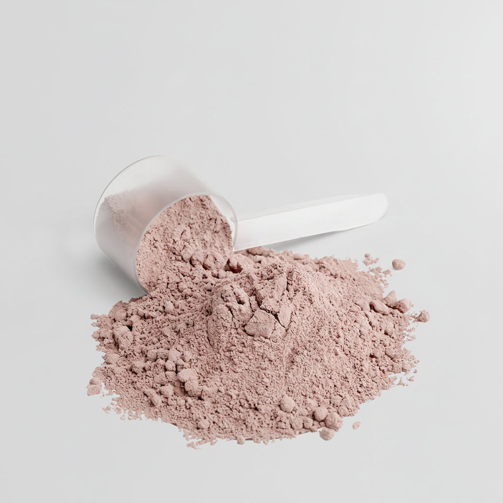 Pink powder with a scoop on a light gray background