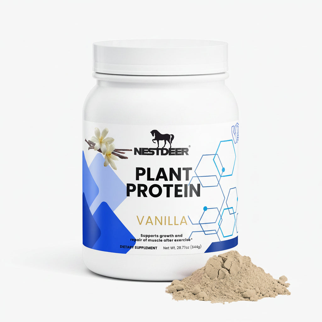 Container of Nestdeer Plant Protein Vanilla flavor with powder on a white background