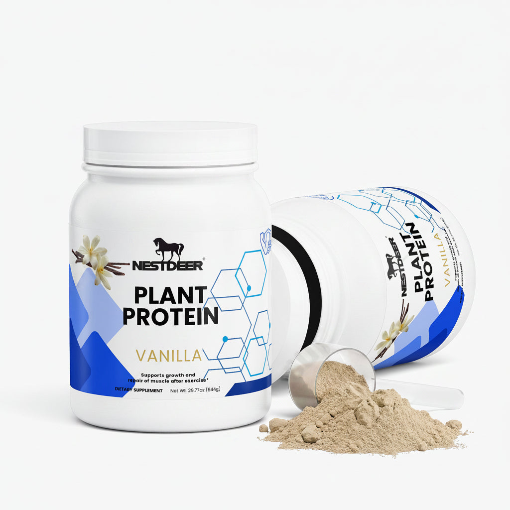 Nestdeer Plant Protein container with vanilla flavor on a white background
