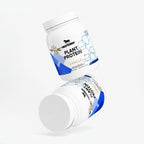 Two containers of Plant Protein Vanilla flavor on a white background