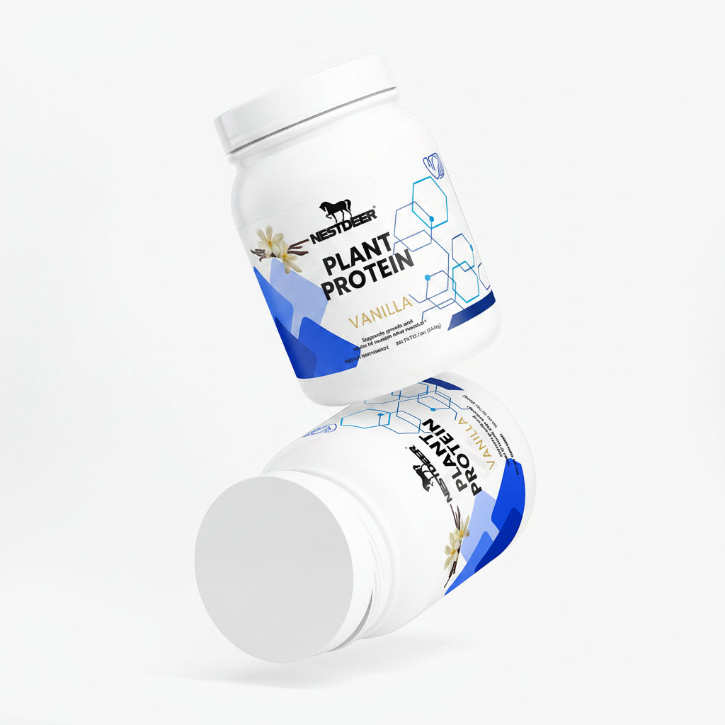 Two containers of Plant Protein Vanilla flavor on a white background