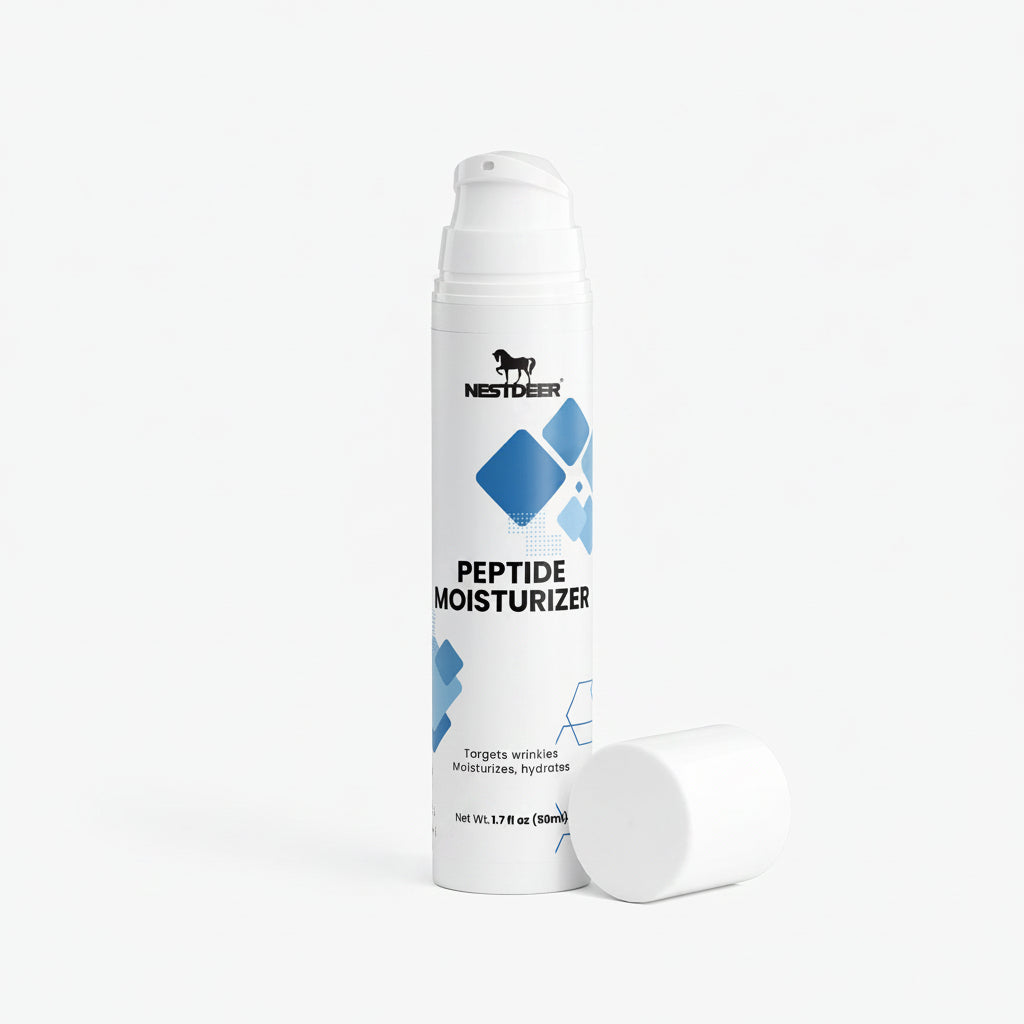 Peptide moisturizer bottle with packaging on a white background
