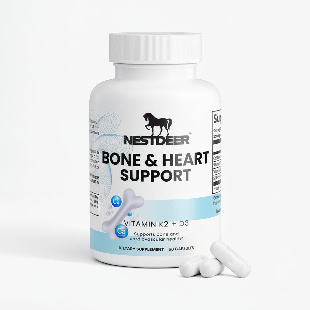 Nestdeer Bone & Heart Support supplement bottle with capsules on a white background