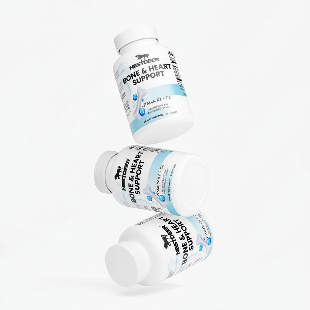 Three bottles of Nestlé Performance Bone & Heart Support on a white background.