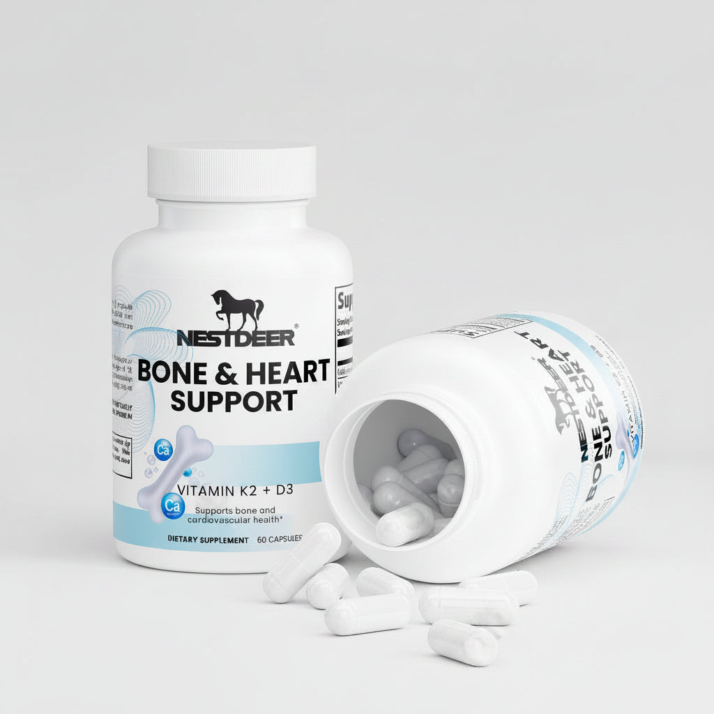 Nestdeer Bone & Heart Support supplement bottle with open cap on a white background