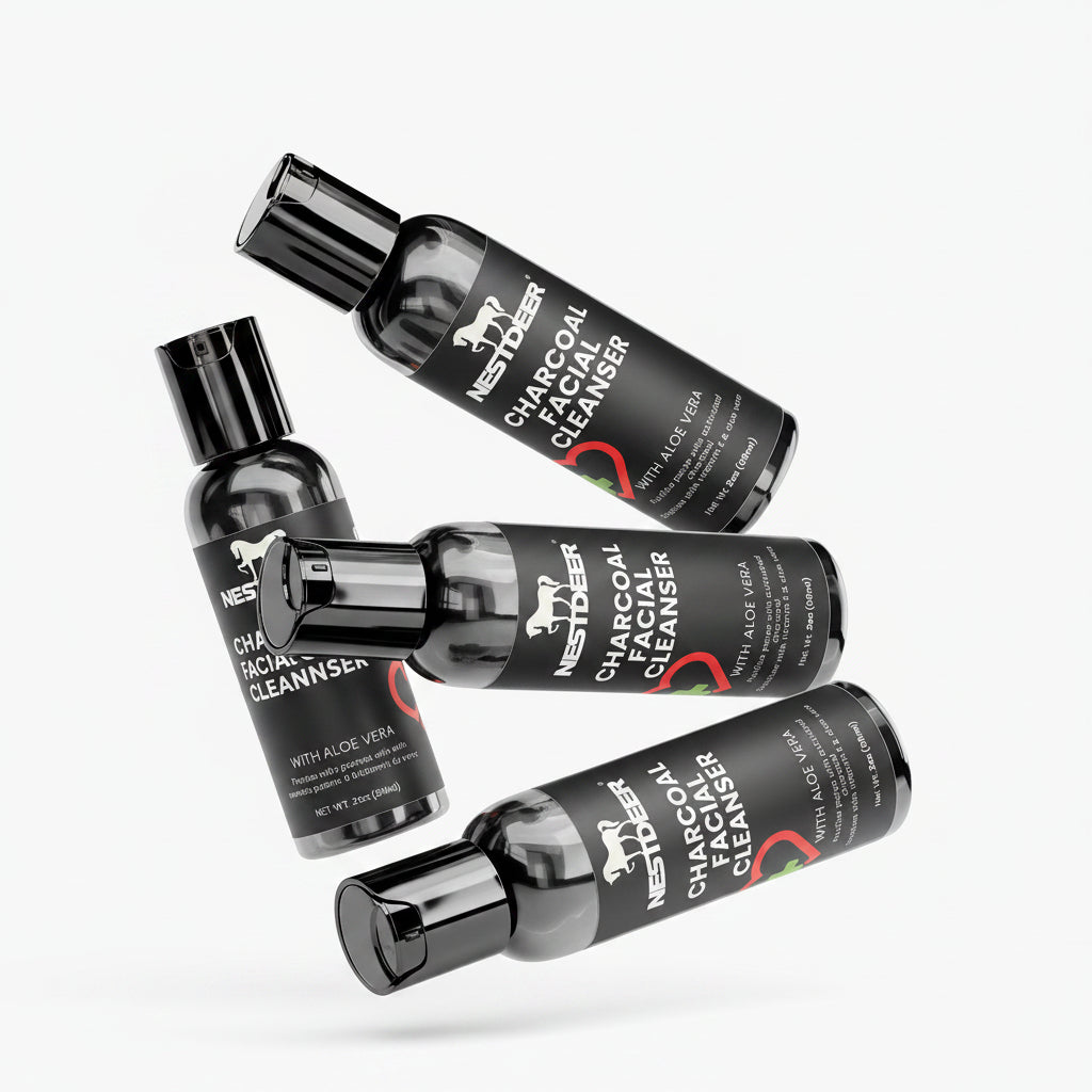 Three bottles of Delune Men Charcoal Facial Cleanser on a white background