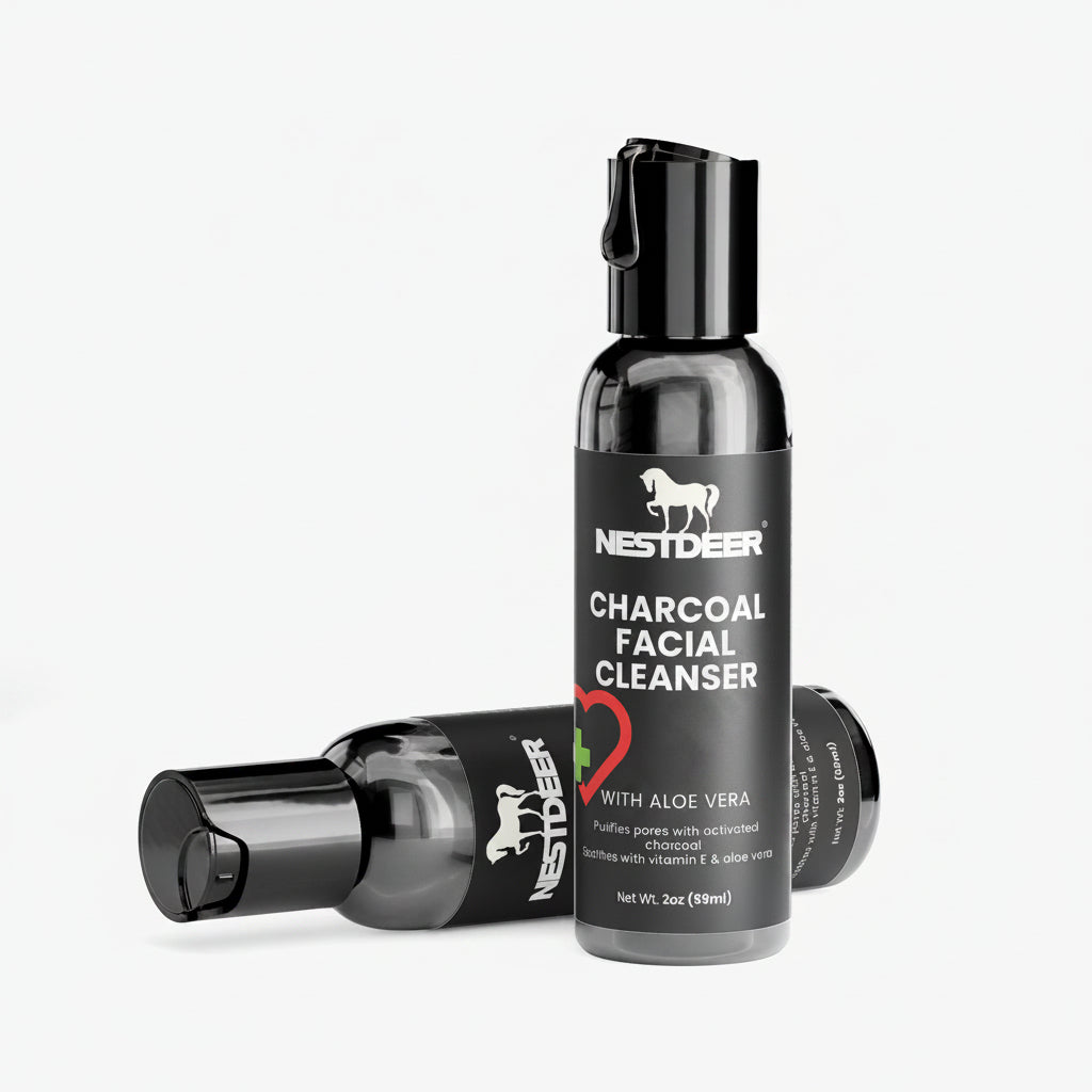 Nestider charcoal facial cleanser bottle with black cap on a white background