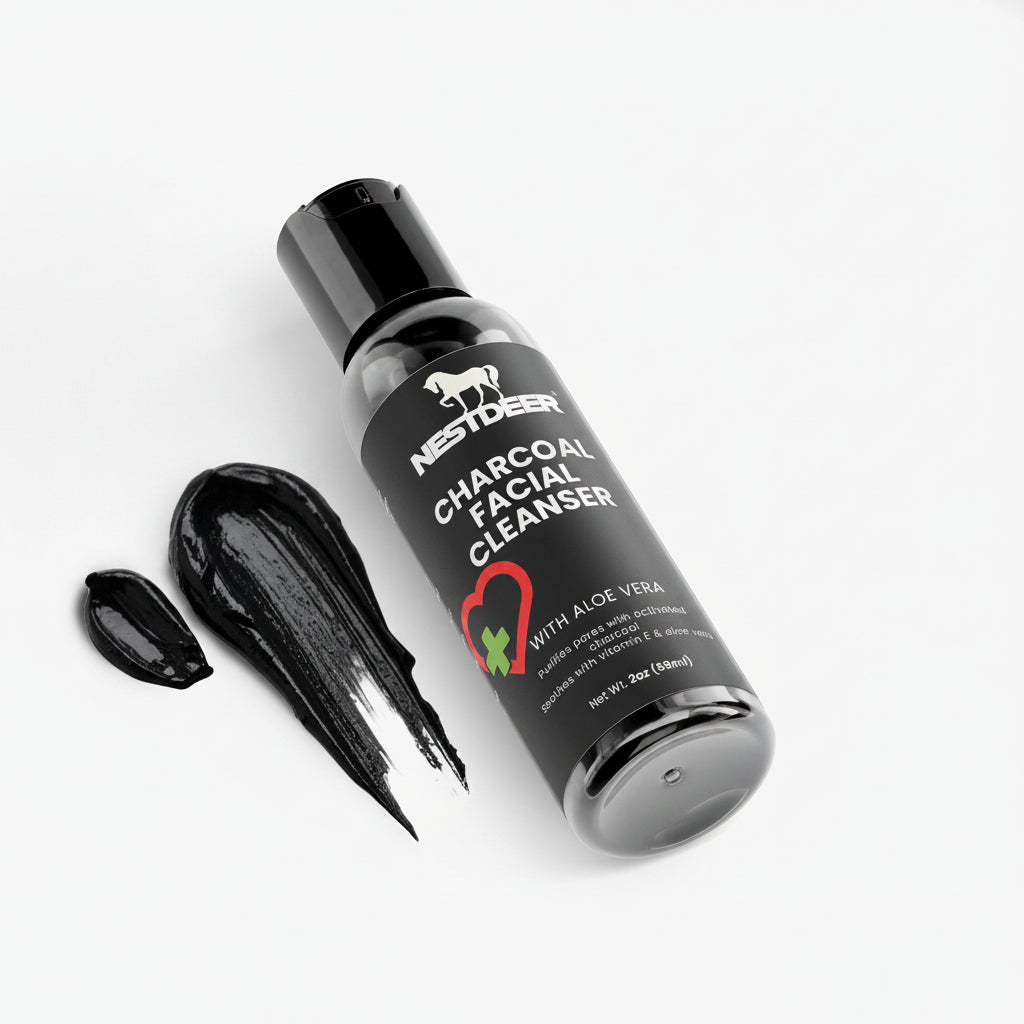 Bottle of NestDeer Charcoal Facial Cleanser with a black cap on a white background