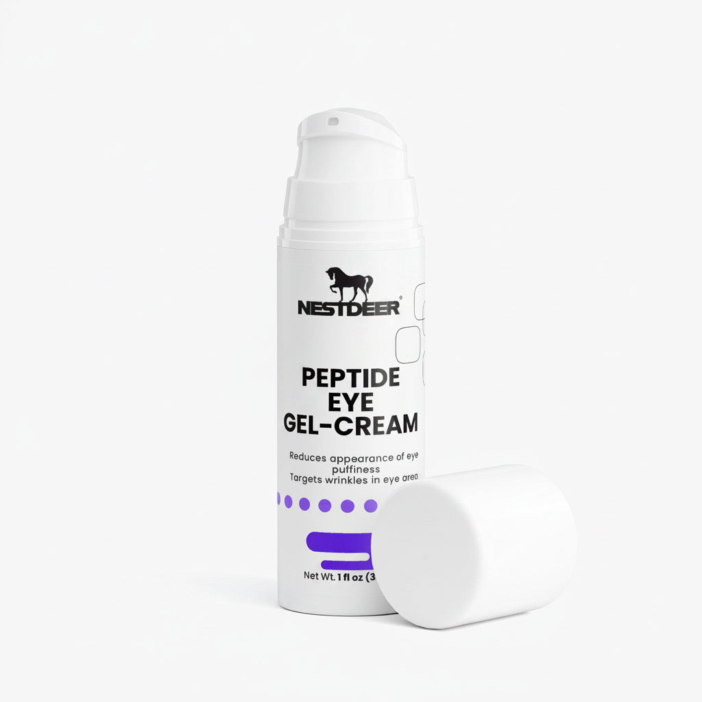 Peptide eye gel-cream bottle with Nestdeer branding on a white background