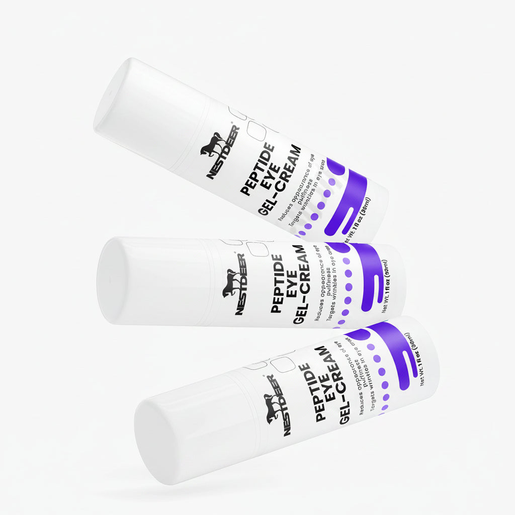 Three bottles of Nestlé Peptide Eye Gel-Cream on a white background
