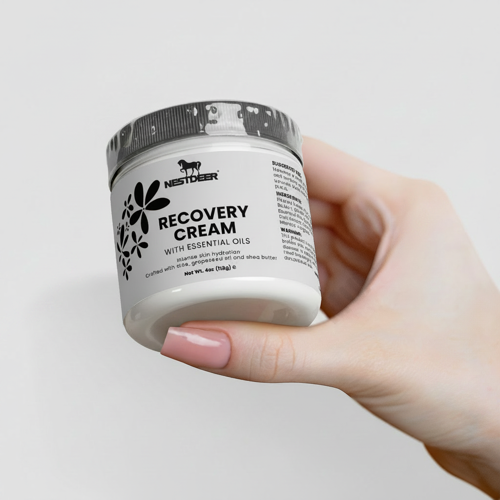 Hand holding a jar of Nestlère Recovery Cream against a light background