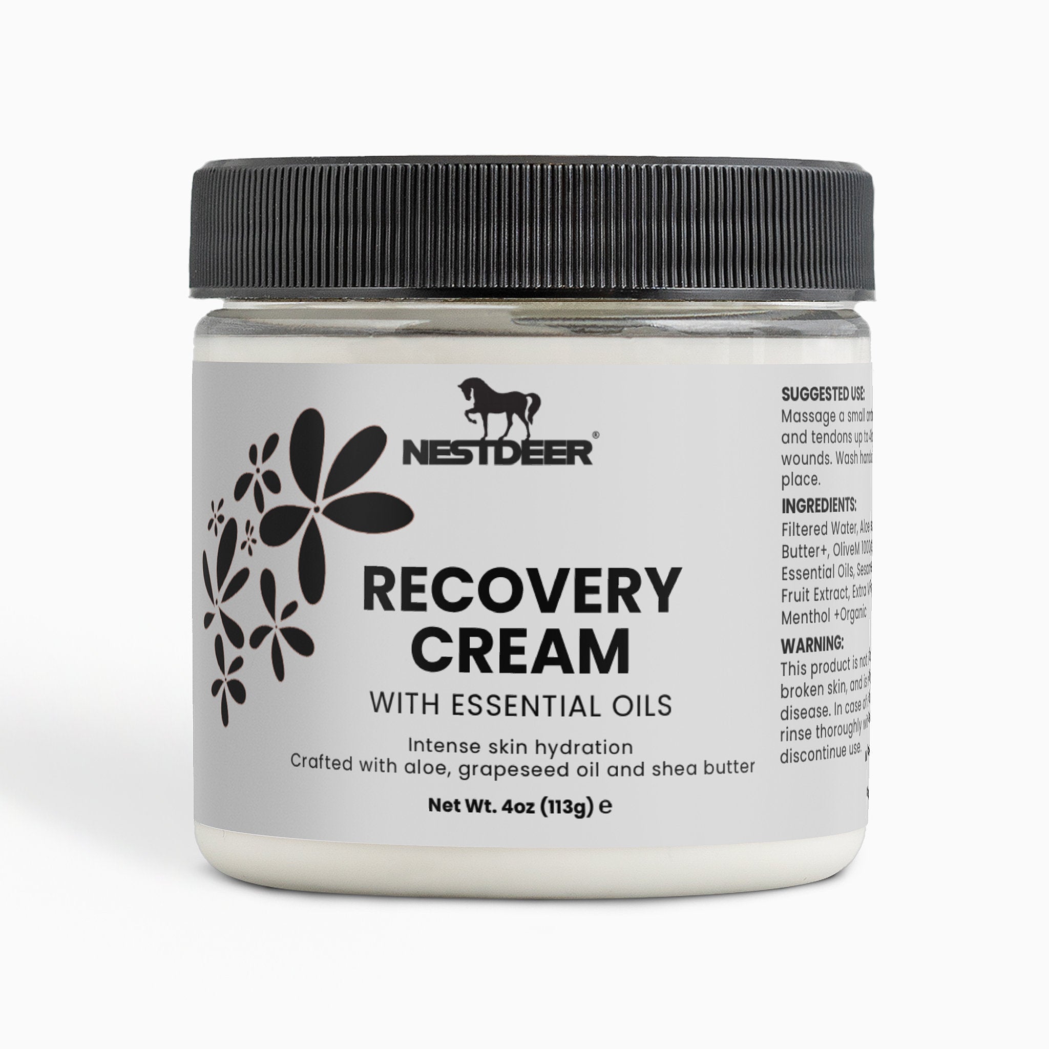 Jar of Nestdeer Recovery Cream with black lid on a white background