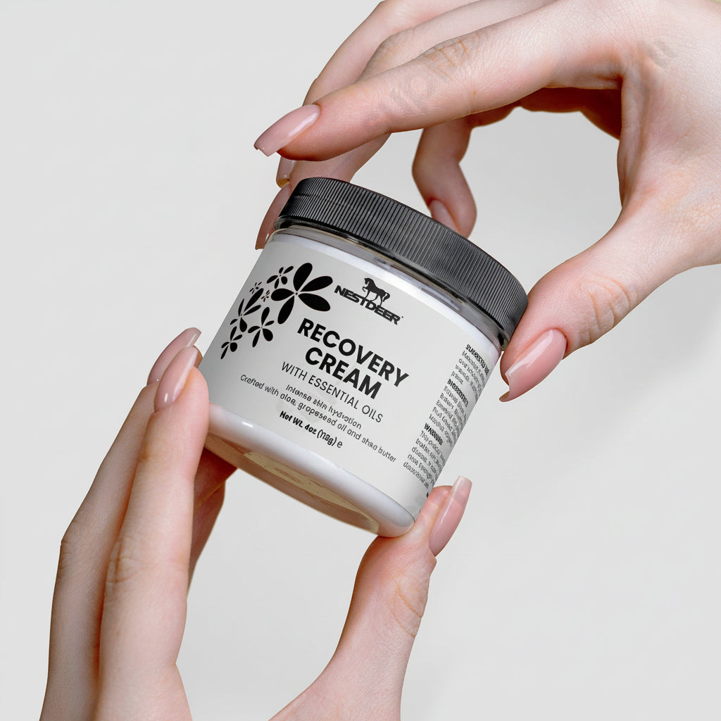 Jar of Nestorian Recovery Cream held by hands against a neutral background
