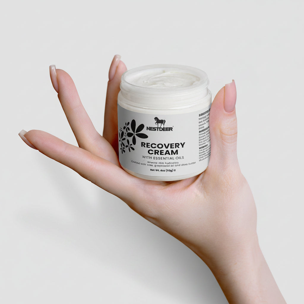 Hand holding a jar of Nestdeer Recovery Cream against a light background