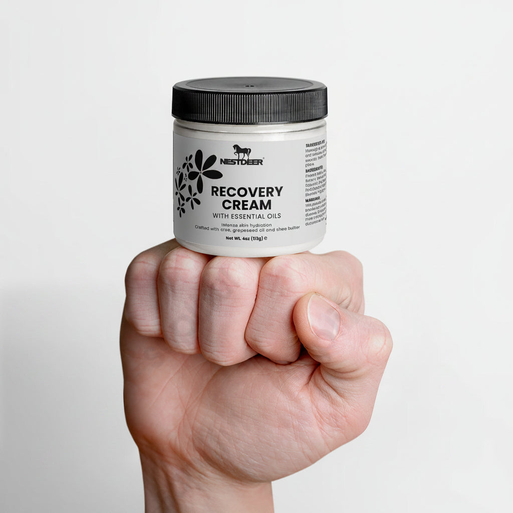 Hand holding a jar of Nestlèr Recovery Cream against a light gray background