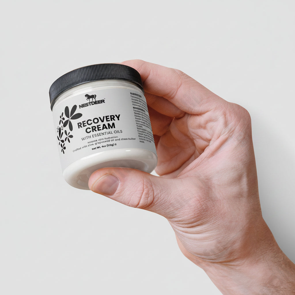 Hand holding a jar of recovery cream with a visible brand logo on a light background