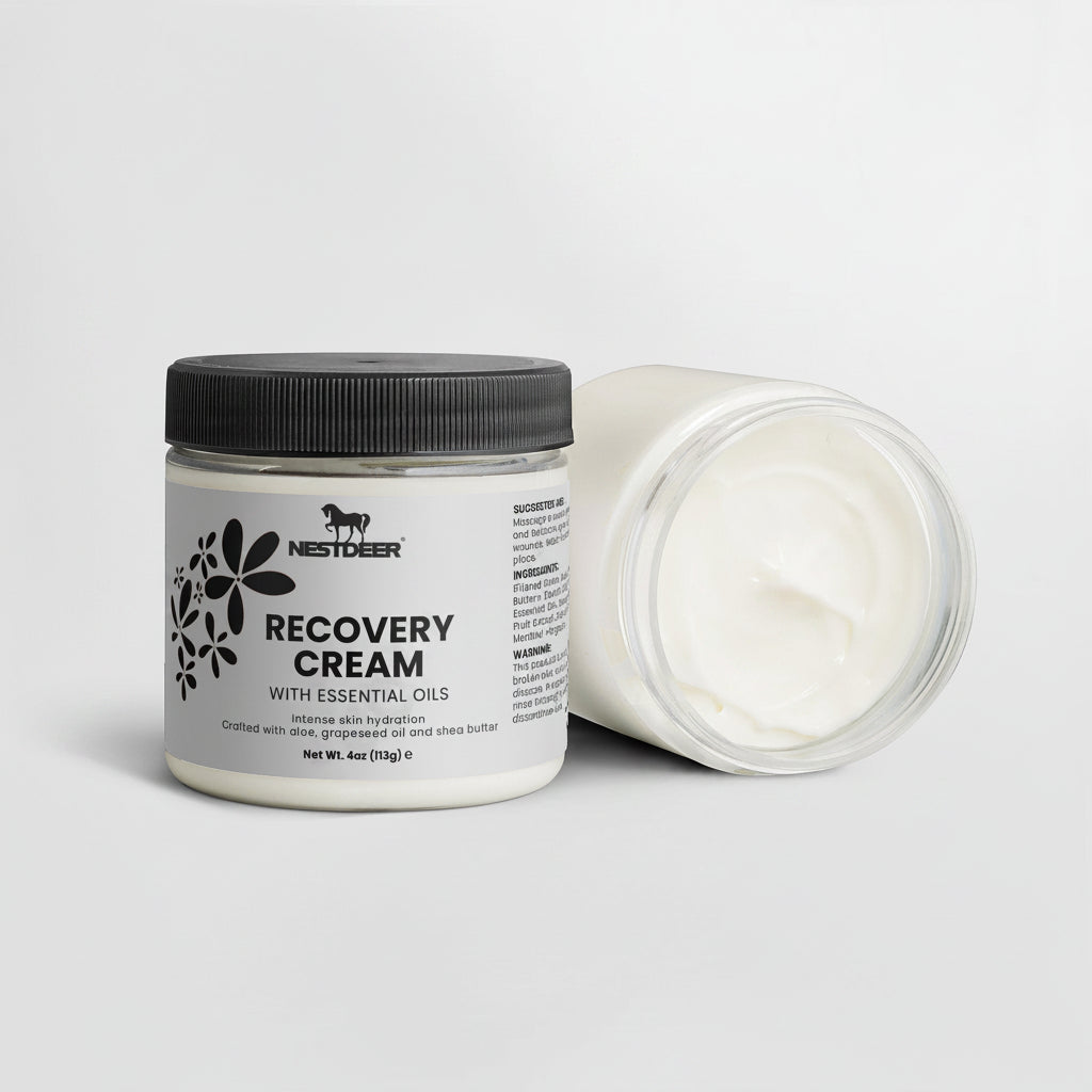 Jar of recovery cream with a black lid on a white background