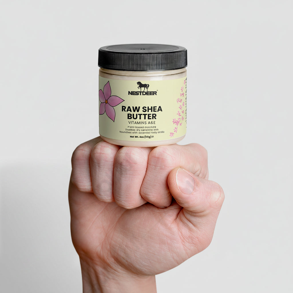 Hand holding a jar of Northbeeh Raw Shea Butter against a light gray background