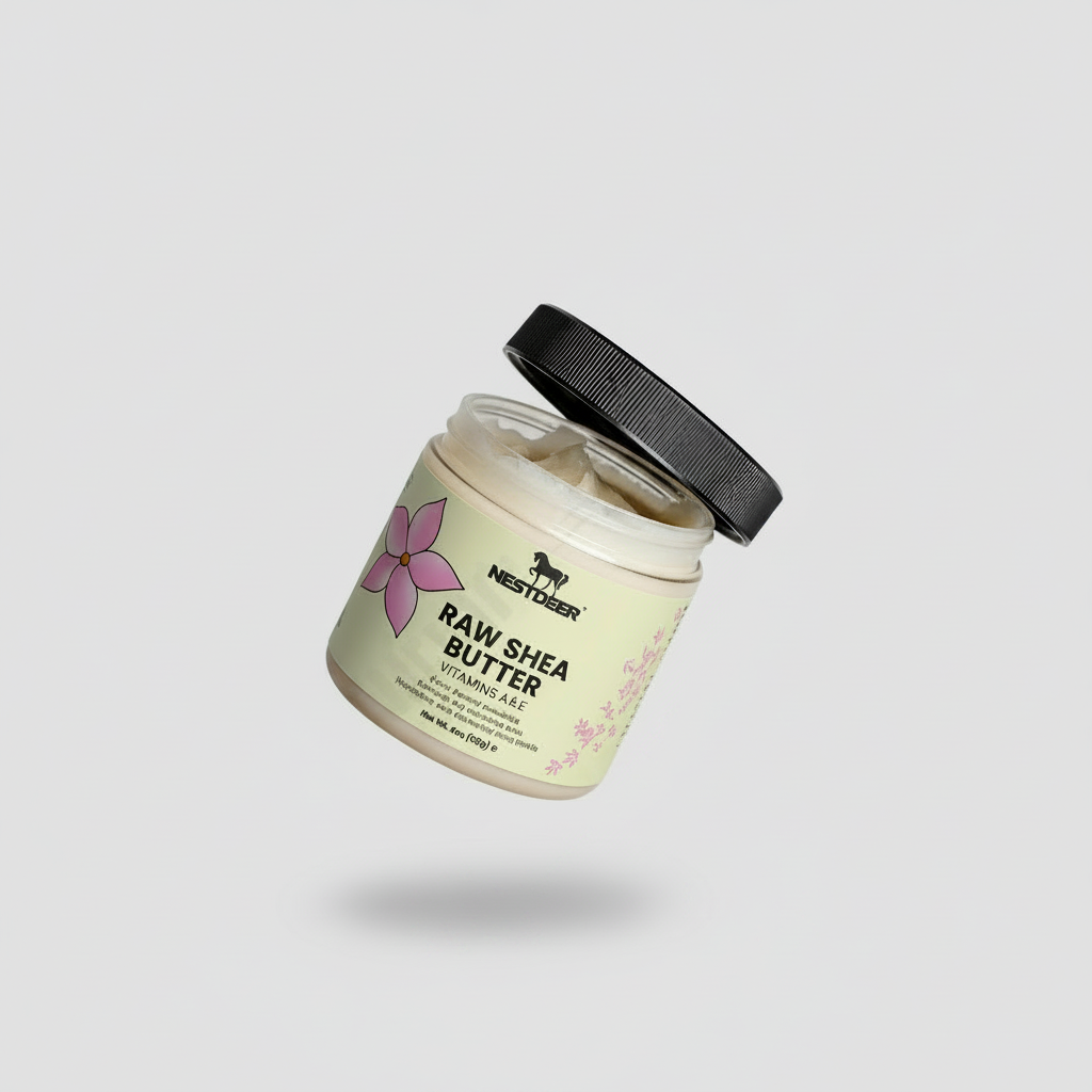 Hand holding a jar of Nestlèe Raw Shea Butter with a wooden spoon on a light gray background.