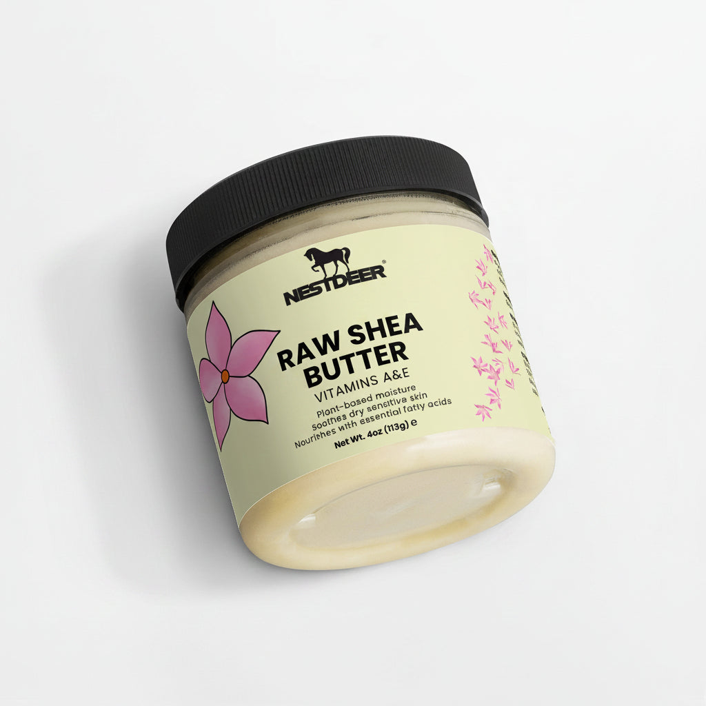 Jar of Nestdeer Raw Shea Butter on a light gray background