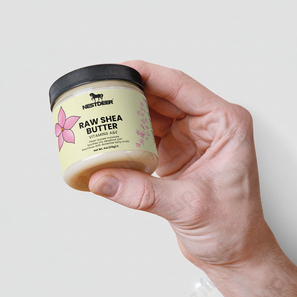 Hand holding a jar of Nestlé Raw Shea Butter against a light background